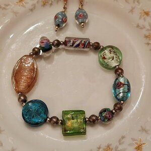 Vtg Beaded Lampwork Bracelet and Earring Set Pink Rose Glass Rondelle PD